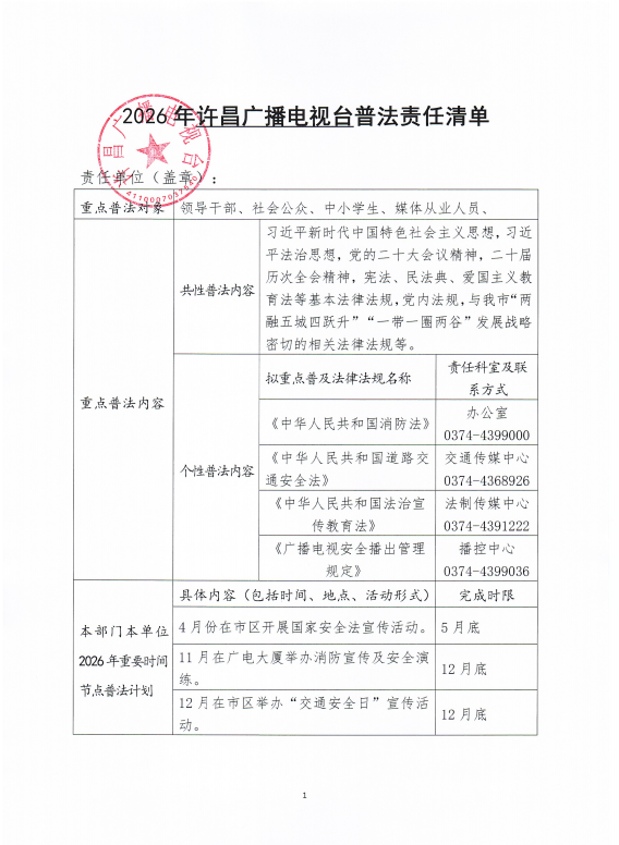 2026年许昌广播电视台普法责任清单